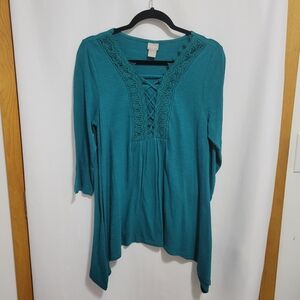 Chico's Teal Lace-Detail V-Neck 3/4 Sleeve Tunic. Size 1P